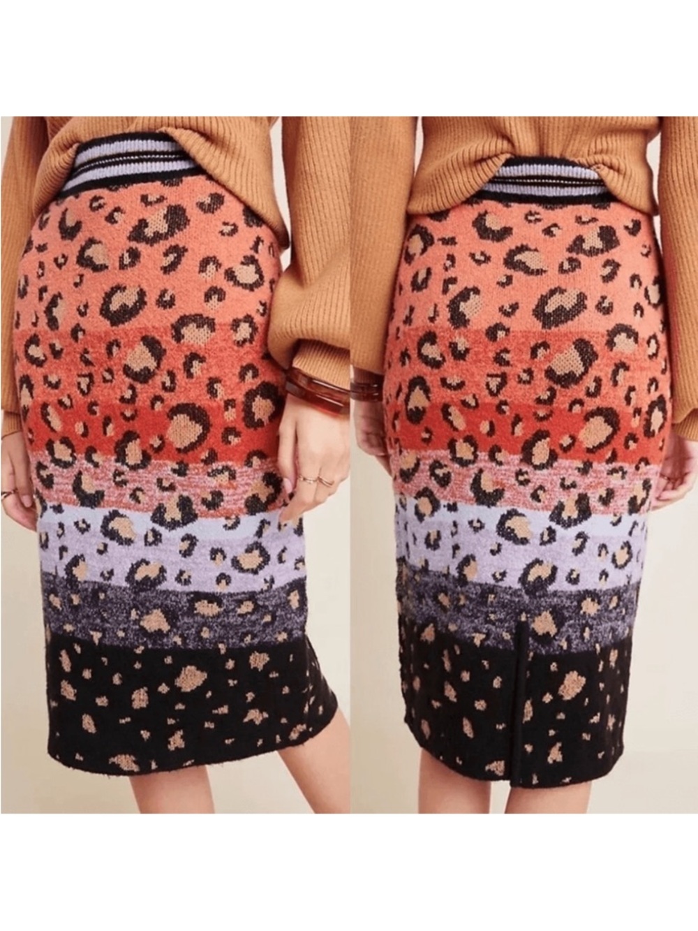 Maeve Colorblock Leopard Knit Midi Skirt - Coral, Lavender & Black